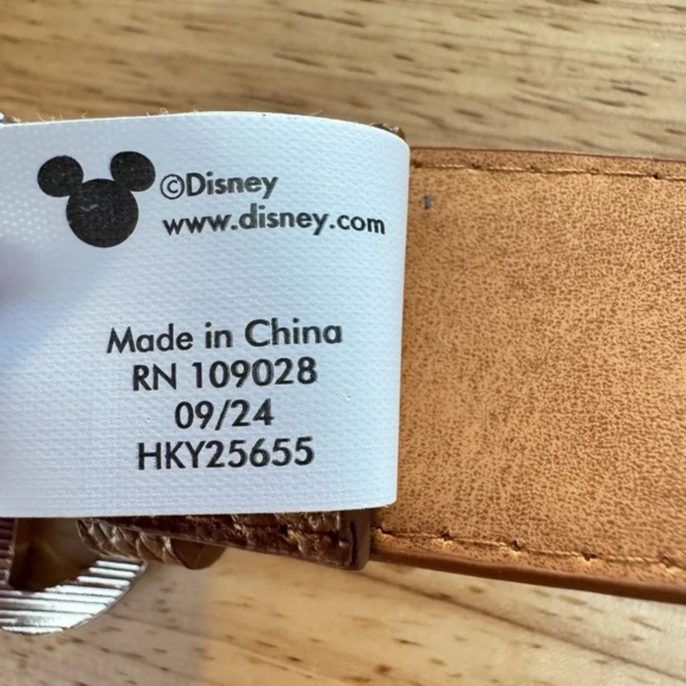 Disney Minnie Mouse Ears Gold & Silver Buckle Camel Brown Leather‎ Belt SMALL